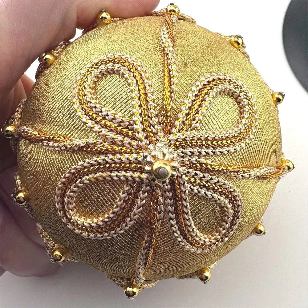 Vintage Gold Satin Christmas Ornaments‎ Set 2 Metallic Braided Trim Bead Accents